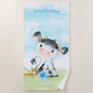 Serviette De Plage Aquarelle bleue Petite vache