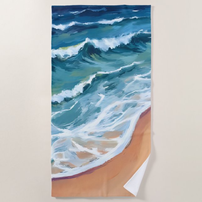 Serviette De Plage Aquarelle Blue Ocean Waves (Devant)