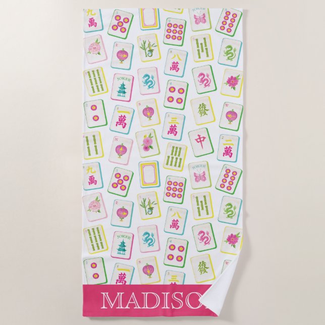 Serviette De Plage Aquarelle brillante Mahjong Titres Monogramme (Devant)
