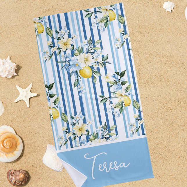 Serviette De Plage Aquarelle Citron Bleu Bleu Blancs (Créateur téléchargé)