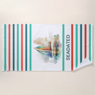 Serviette De Plage Aquarelle colorée Voilier Monogramme