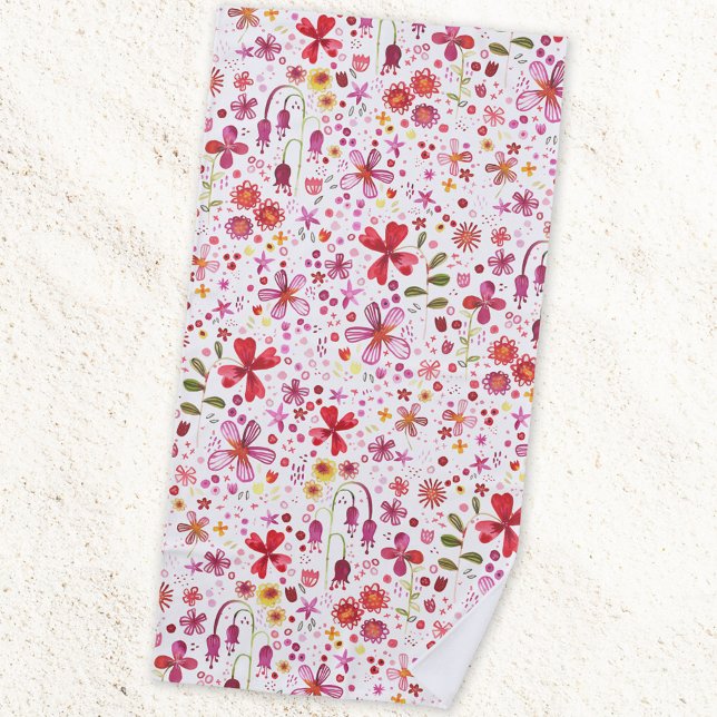 Serviette De Plage Aquarelle de fleurs sauvages (Modern watercolor floral pink and white art beach towel)