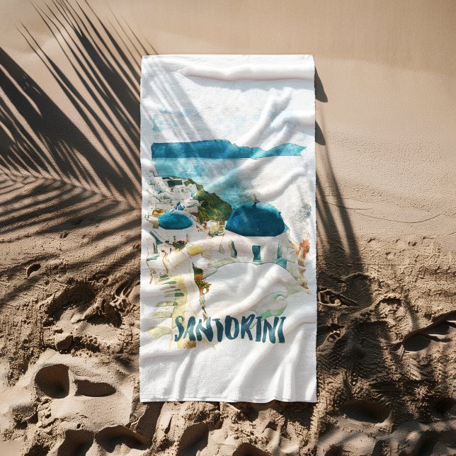 Serviette De Plage Aquarelle de voyage Santorin Grèce (Santorini Greece Travel Watercolor Beach Towel)