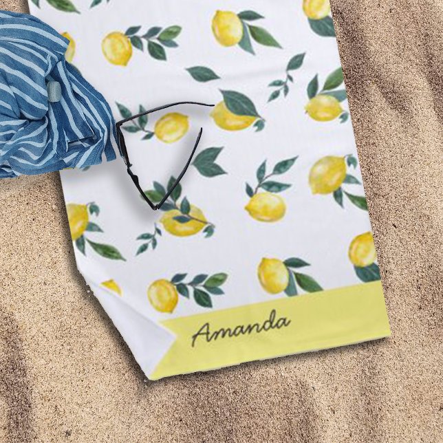 Serviette De Plage Aquarelle d'été frais citrons Nom personnalisé (Créateur téléchargé)
