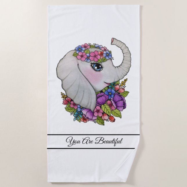 Serviette De Plage Aquarelle Eléphant Avec Fleurs Sauvages (Devant)