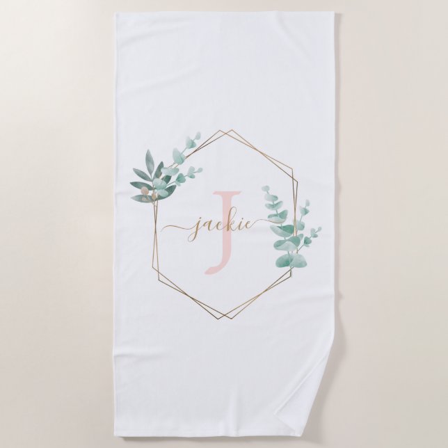 Serviette De Plage Aquarelle Eucalyptus Monogramme du cadre (Devant)