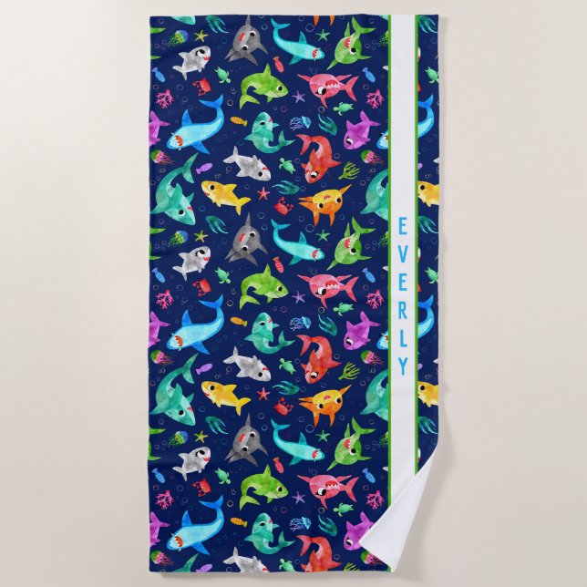 Serviette De Plage Aquarelle Famille de requins adorable Personnalisé (Devant)