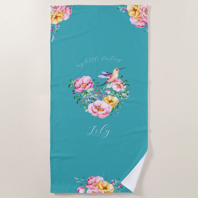 Serviette De Plage Aquarelle Fleur Coeur et Colibri (Devant)