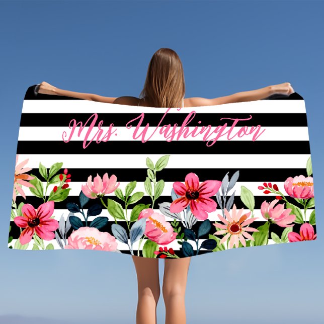 Serviette De Plage Aquarelle florale noire blanche rayée (Créateur téléchargé)