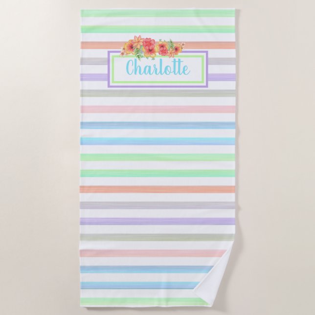 Serviette De Plage Aquarelle Florale Personnalisée Sur Bandes Motif (Devant)