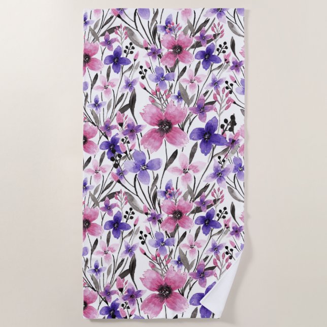 Serviette De Plage Aquarelle florale rose-rose-champêtre moderne (Devant)