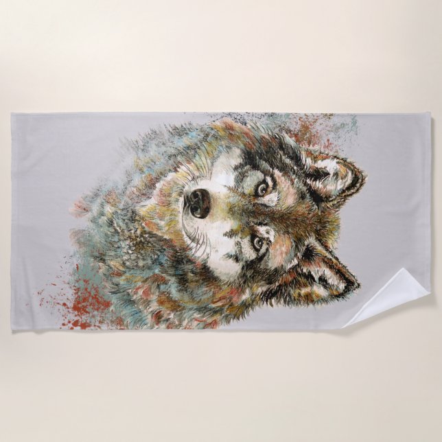Serviette De Plage Aquarelle Gris Loup Animal Faune Nature Art (Devant)