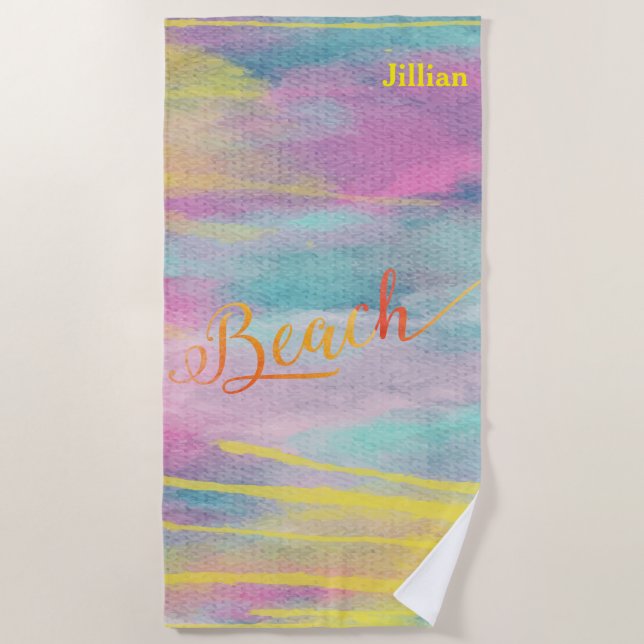Serviette De Plage Aquarelle jaune Monogramme Abstrait (Devant)