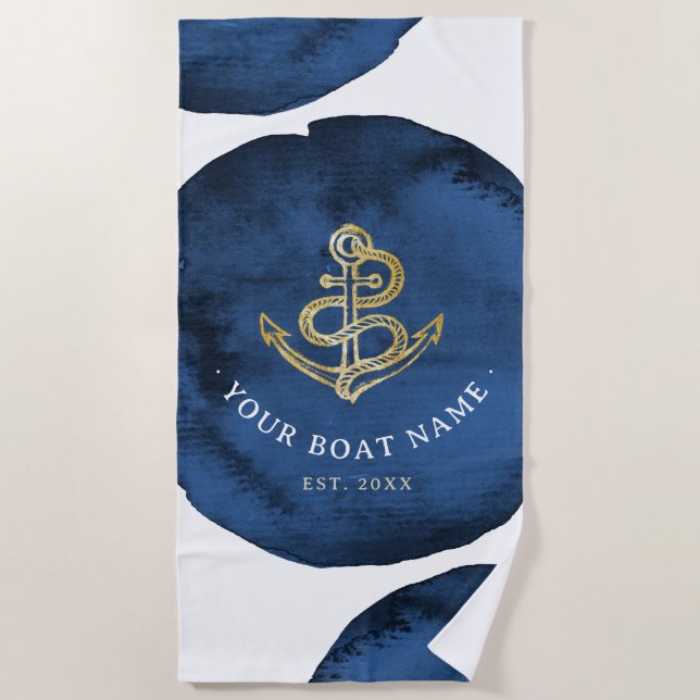Serviette De Plage Aquarelle moderne Ancre Ajouter Nom du bateau Mari (Devant)