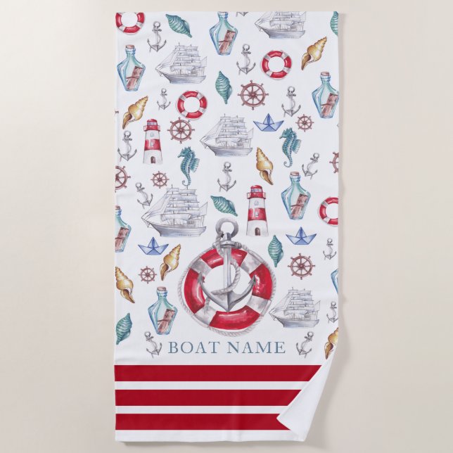 Serviette De Plage Aquarelle moderne Nom du bateau nautique (Devant)