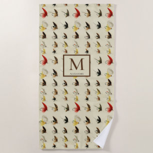Serviette De Plage Aquarelle Nautique des mouches de pêche Vintage 
