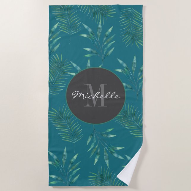 Serviette De Plage Aquarelle Palm Feuilles Personnalisé Monogramme Pr (Devant)