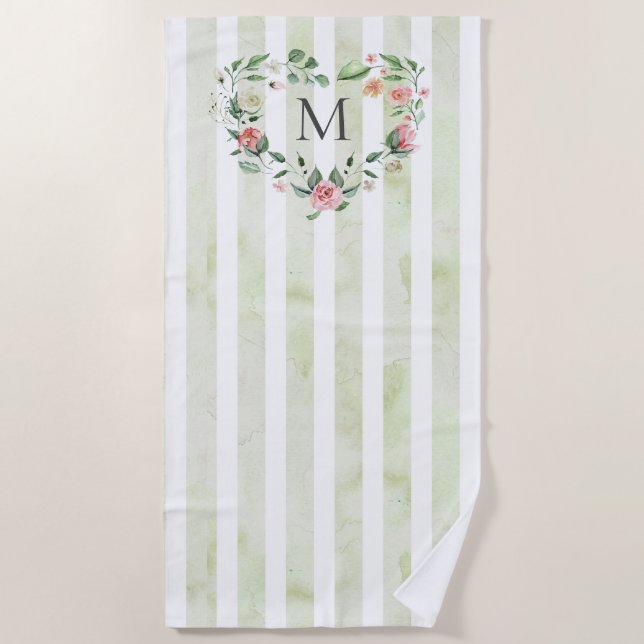 Serviette De Plage aquarelle rayures fleurie couronne monogramme (Devant)
