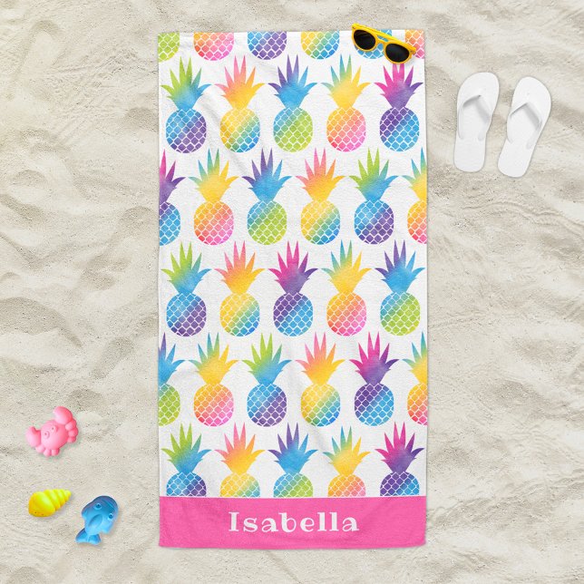 Serviette De Plage Aquarelle rose ananas tropicale Nom personnalisé (Créateur téléchargé)