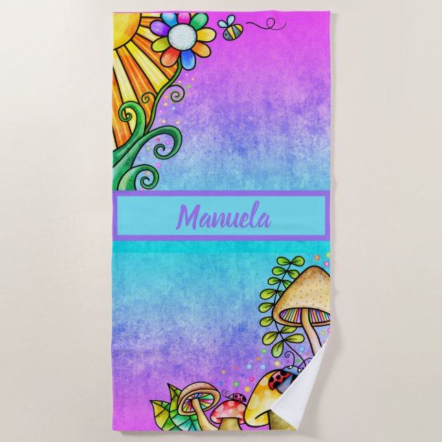 Serviette De Plage Aquarelle rose chaud avec Doodles du jour ensoleil (Devant)