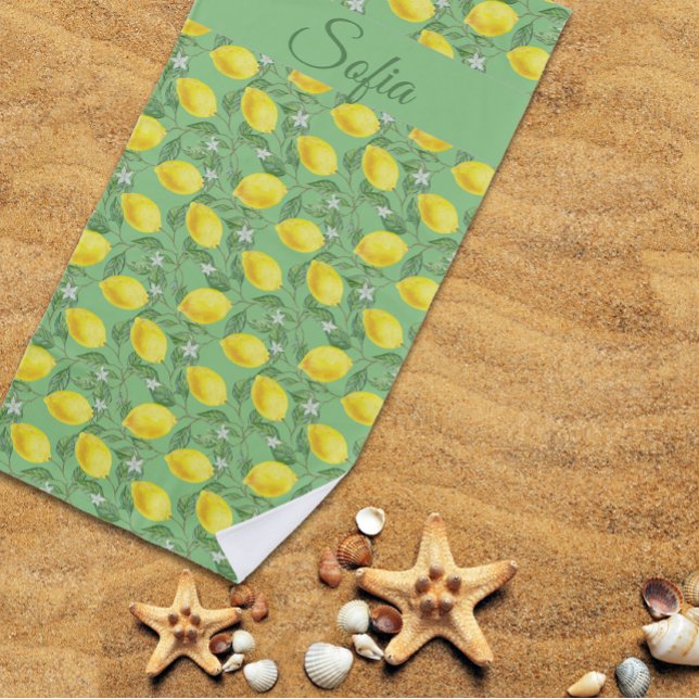 Serviette De Plage Aquarelle rouge citron jaune rustique motif vert (Créateur téléchargé)