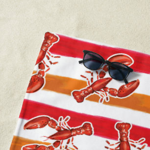 Serviette De Plage Aquarelle Rouge Homard Orange Stripes Personnalisé