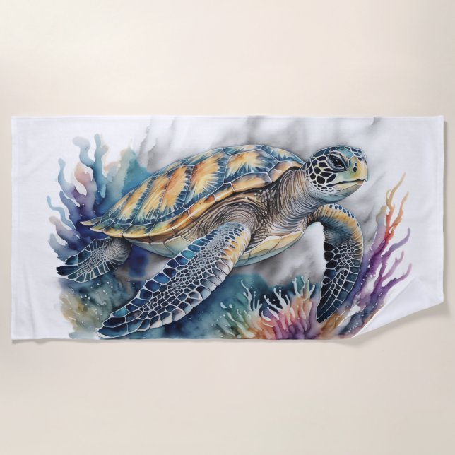 Serviette De Plage Aquarelle sous-marine scène récif tortue de mer (Devant)