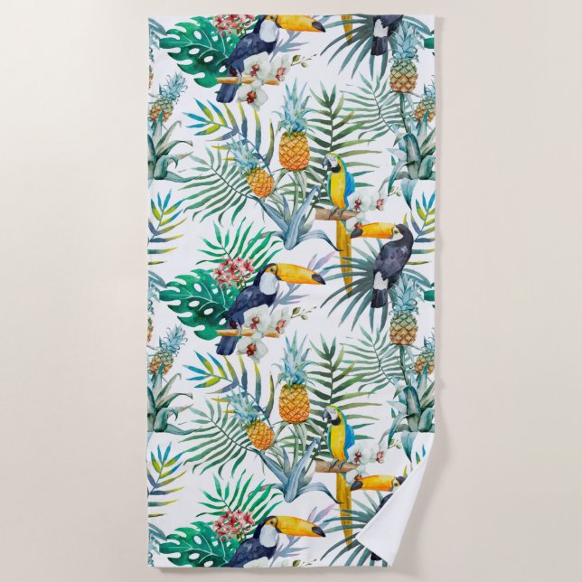 Serviette De Plage Aquarelle tropicale d'oiseau de perroquet d'ananas (Devant)