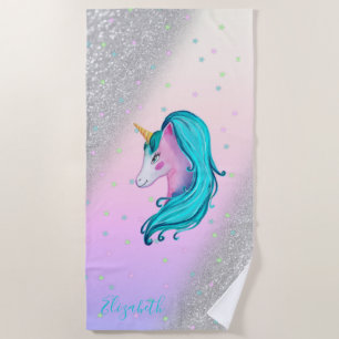 Serviette De Plage Aquarelle Unicorne, Étoiles, Parties scintillant A