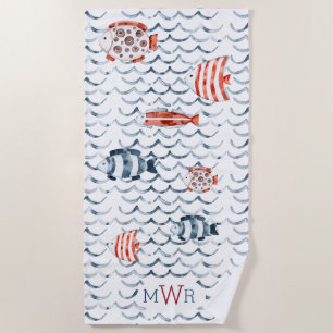 Serviette De Plage Aquarelle vagues rouge et bleu poisson triple mono