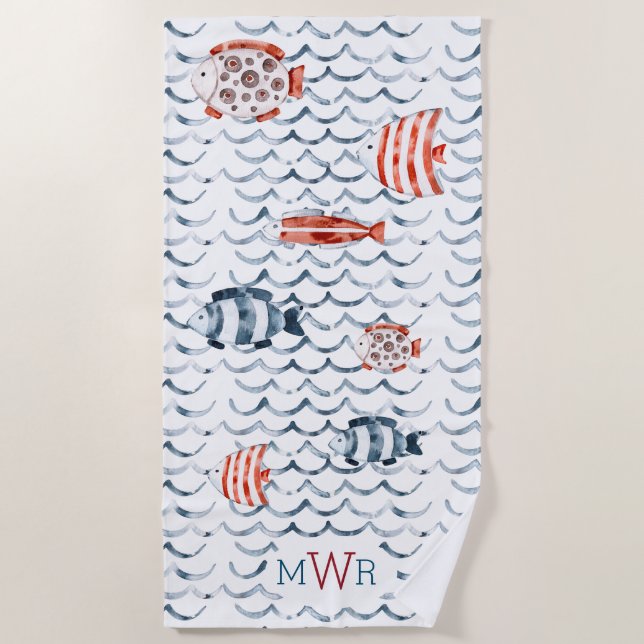 Serviette De Plage Aquarelle vagues rouge et bleu poisson triple mono (Devant)