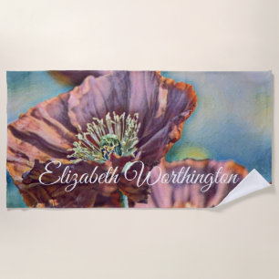 Serviette De Plage Aquarelle vintage Fleurs de pavot rouge pourpre