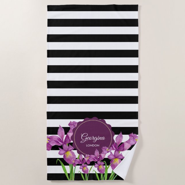 Serviette De Plage Aquarelle violet Iris noir blanc Motif (Devant)