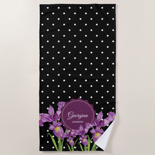 Serviette De Plage Aquarelle violet Iris noir blanc Pois (Devant)
