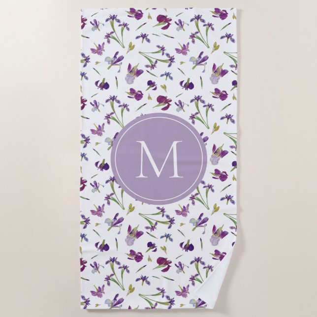 Serviette De Plage Aquarelle violette Iris Fleurs Motif Monogramme (Devant)