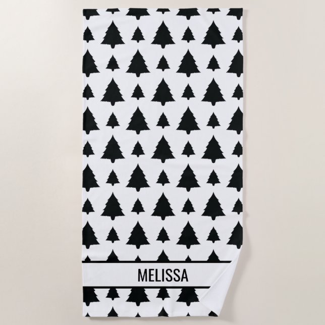 Serviette De Plage Arbre de Noël noir et blanc Motif et nom (Devant)