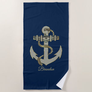 Serviette De Plage Argent et or tonalité nautique ancre flottaison b