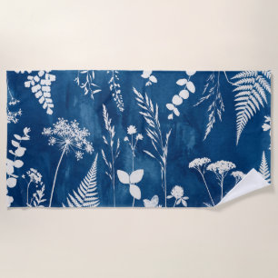 Serviette De Plage Art botanique de fougère au cyanotype bleu indigo