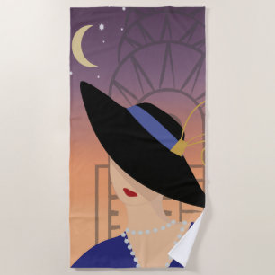Serviette De Plage Art Déco des années 1930 Femme en Casquette avec C