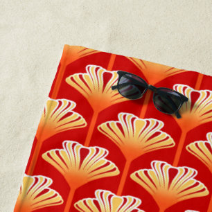 Serviette De Plage Art Déco Lily, Tangerine Orange et Or