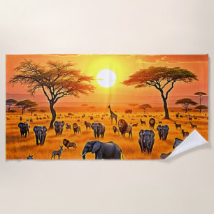 Serviette De Plage Art du coucher de soleil sur la savane africaine