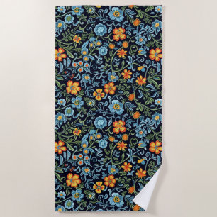 Serviette De Plage Art floral complexe : Fleurs bleues et oranges