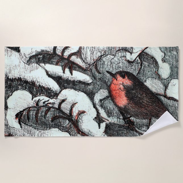Serviette De Plage Art nouveau néerlandais Robin Bird en hiver (Devant)