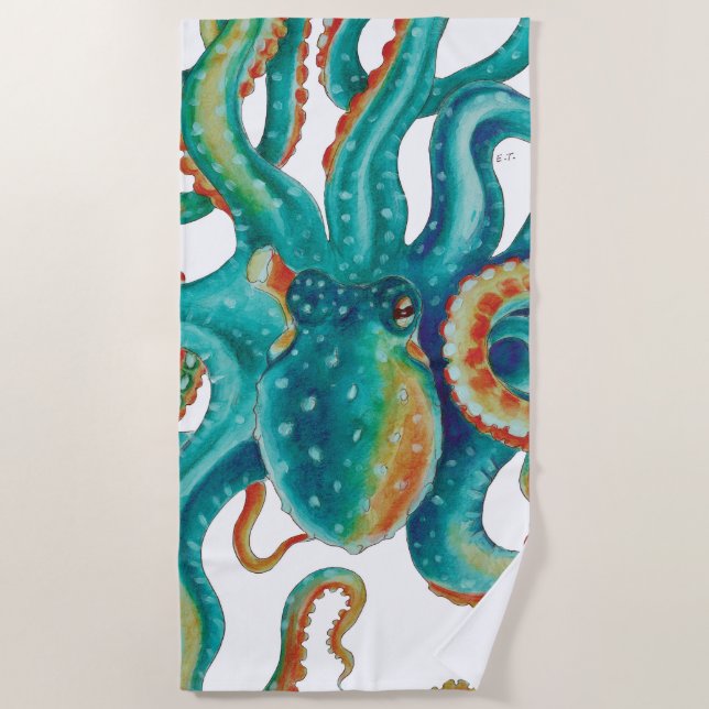 Serviette De Plage Art turquoise d'aquarelle de poulpe (Devant)