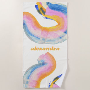Serviette De Plage Artsy Abstrait bleu et jaune Aquarelle Nom