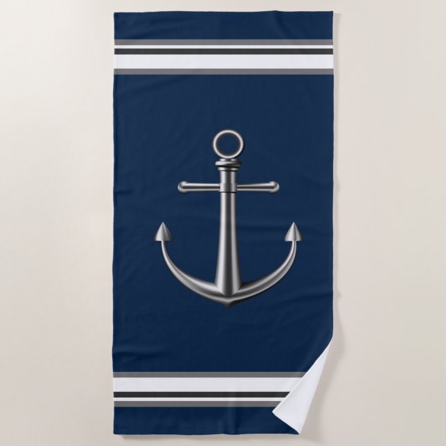 Serviette de plage aux Ancres couleur argent (Devant)