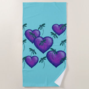 Serviette de plage aux Coeurs pourpres et libellul