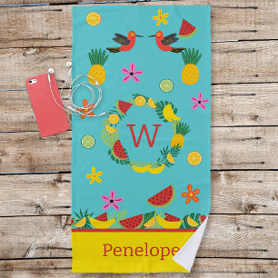 Serviette de plage aux fleurs et aux fruits tropic