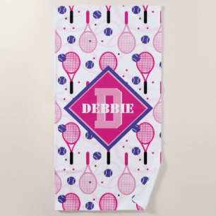 Serviette De Plage Avec nom & initiale, raquettes de tennis rose & vi