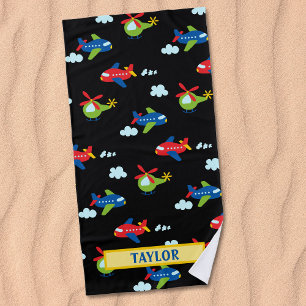 Serviette De Plage Avions Hélicoptères & Nuages Artwork sur Noir, Nom
